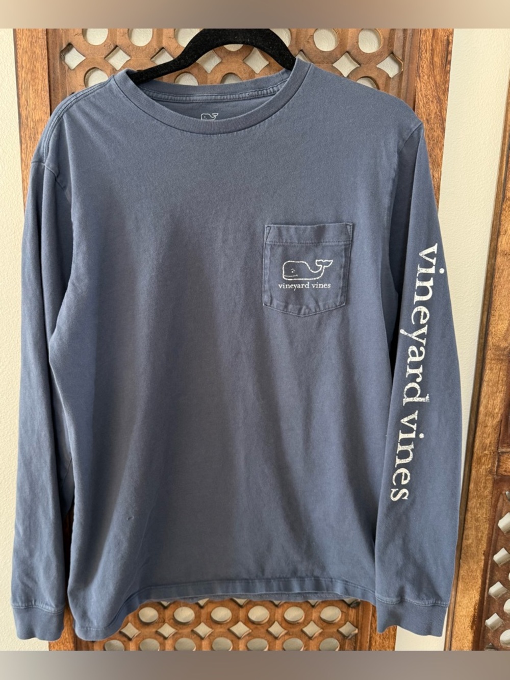 Vineyard Vines Slate Blue Long-Sleeve Pocket Tee with Sleeve Logo